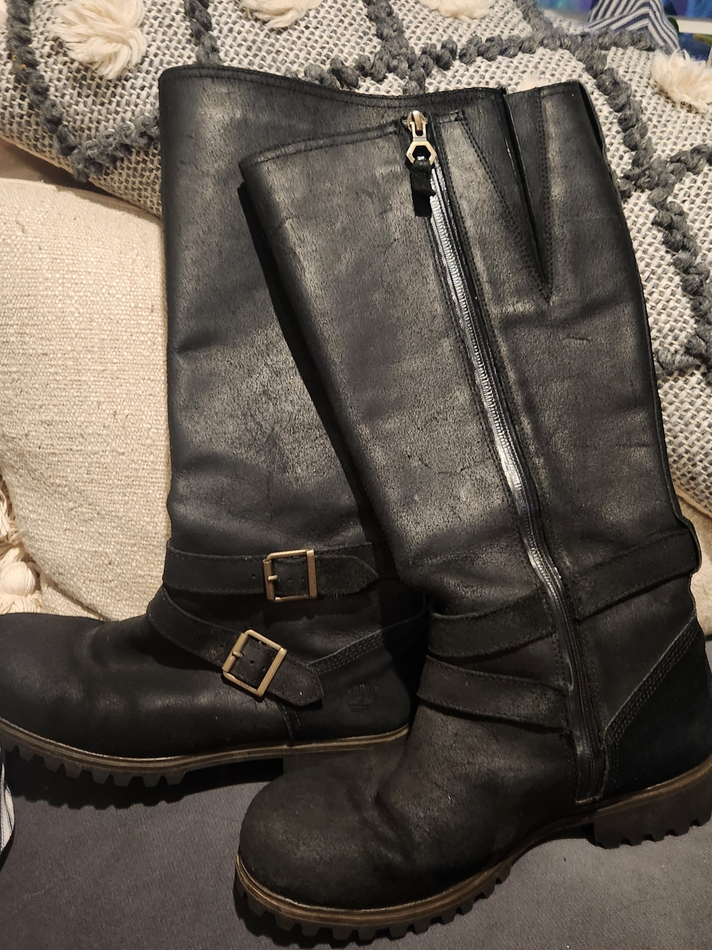 Timberland Black Leather Mid-Calf Buckle Moto Boots